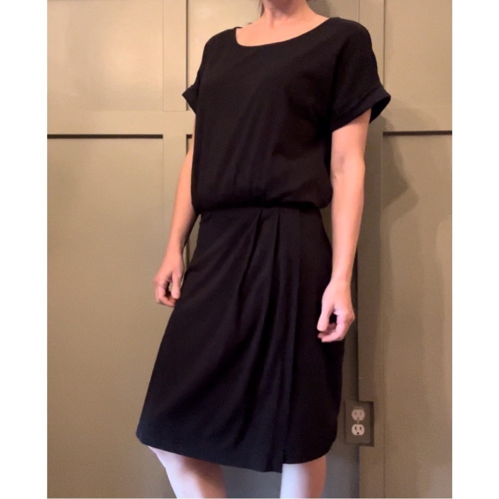 Garnet Hill Faux Wrap Dress Short Sleeve Black Organic Cotton Tencel Size Medium